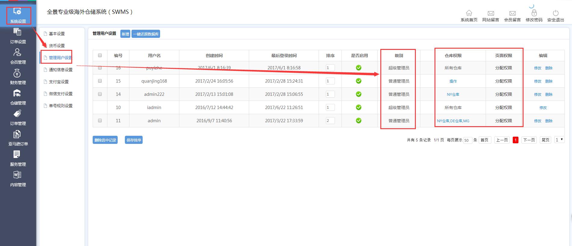 海外倉系統后臺管理系統設置管理用戶設置