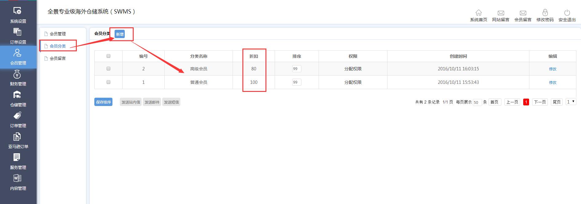 海外倉系統后臺管理會員留言界面